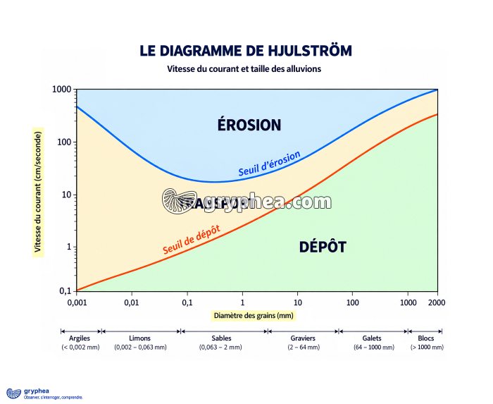 Diagramme de Hjulström - devenir des particules solides dans un cours d'eau - version simplifiée - gryphea.org